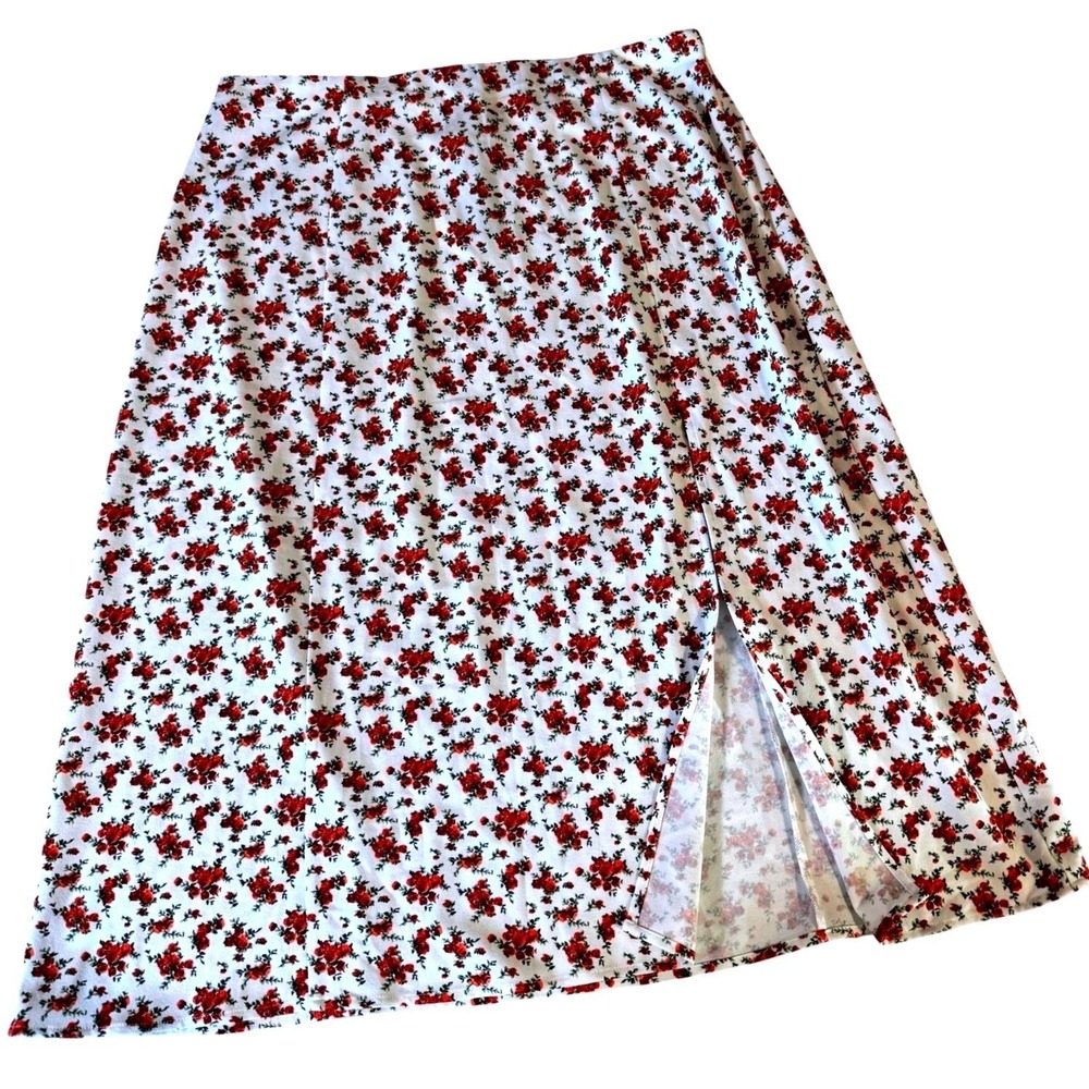 Danielle Bernstein Midi Skirt‎ Women XL White Red Floral Slit NWT Romantic Flowy
